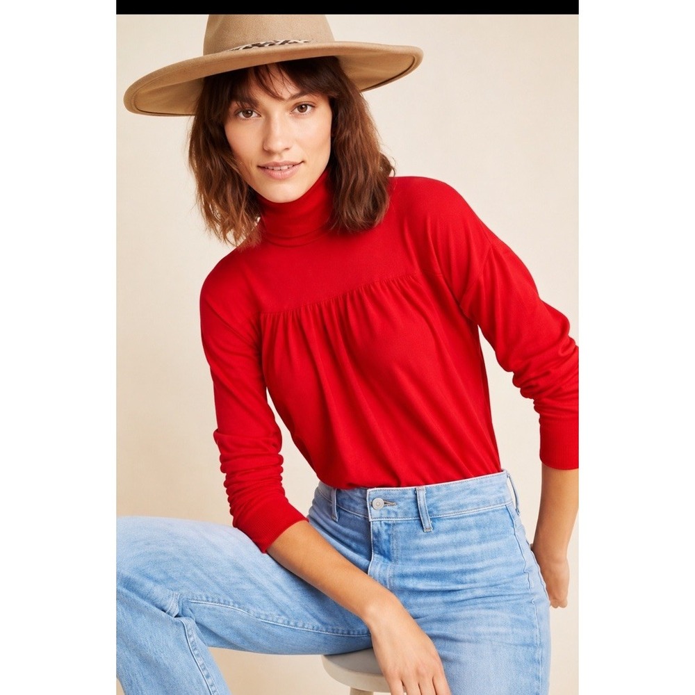 Anthropologie Maeve Red Turtleneck Tunic Top XL Long Sleeve Boho Romantic Fall‎